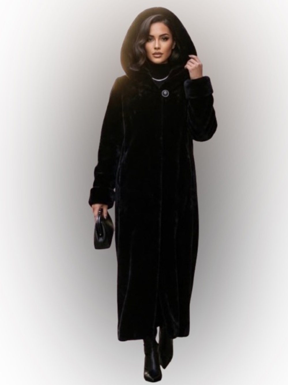Bianca Nygård Vintage Black Plush Faux Fur Hooded Maxi Coat S/P
